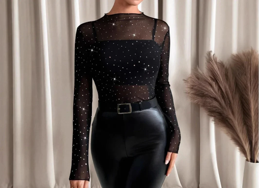 Elegant Top for Women Small Stand Collar Long Sleeve Mesh Sand Transparent Water Diamond Decorative T-shirt 2025 Spring New
Elegant Top for Women Small Stand Collar Long Sleeve Mesh Sand Transparent Water Diamond Decorative T-shirt 2025 Spring New