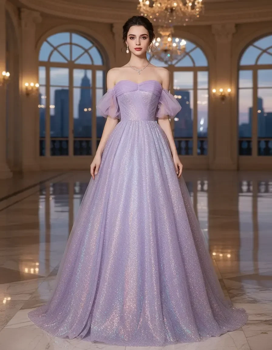 Lavender Off Shoulder Sweetheart Holographic Glitter Ball Gown for Quinceanera Prom Evening Party Wedding Guest Formal Occasion
Lavender Off Shoulder Sweetheart Holographic Glitter Ball Gown for Quinceanera Prom Evening Party Wedding Guest Formal Occasion