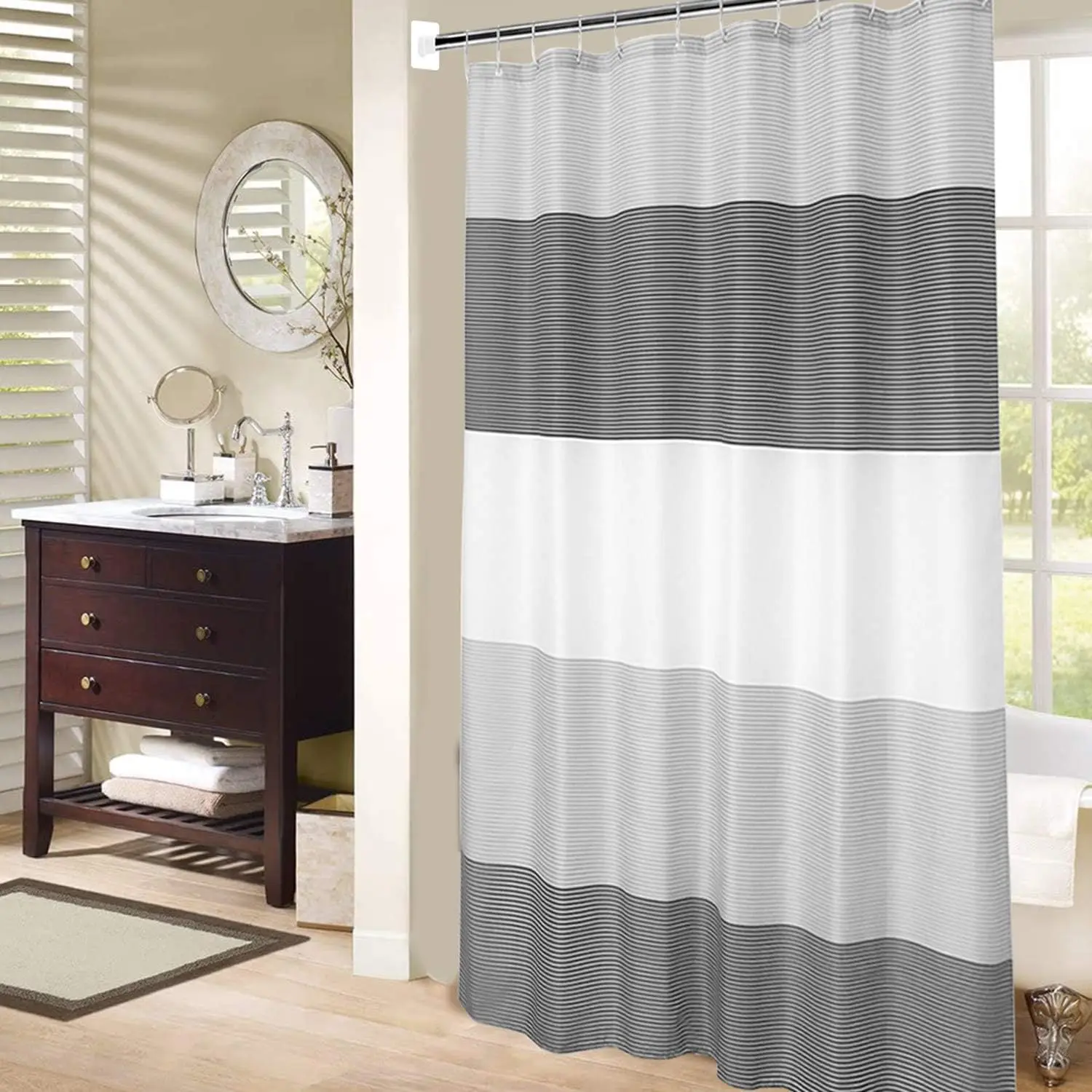 Grey and White Striped Shower Curtain with Wavy Lines Modern Geometric Design for Contemporary Bathroom
Grey and White Striped Shower Curtain with Wavy Lines Modern Geometric Design for Contemporary Bathroom