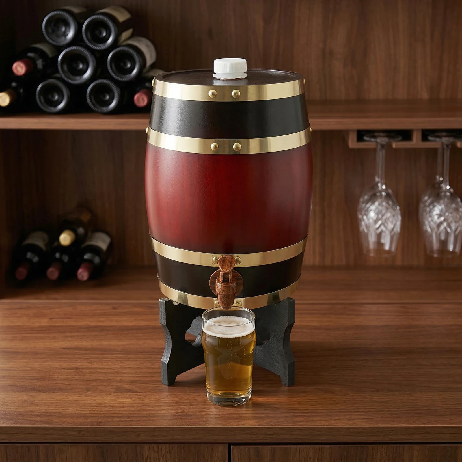 Burgundy Color Wine Barrel, Vertical Wooden Wine Barrel, 5L Wine Barrel with Base and Faucet for Holding Whiskey, Wine, Brandy
Burgundy Color Wine Barrel, Vertical Wooden Wine Barrel, 5L Wine Barrel with Base and Faucet for Holding Whiskey, Wine, Brandy
