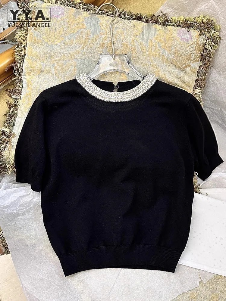 Spring Summer Women T-Shirt Short Sleeve O-Neck Fashion Diamonds Knitted Pullover Tops Slim Fit Ladies Casual Black T-Shirts
Spring Summer Women T-Shirt Short Sleeve O-Neck Fashion Diamonds Knitted Pullover Tops Slim Fit Ladies Casual Black T-Shirts
