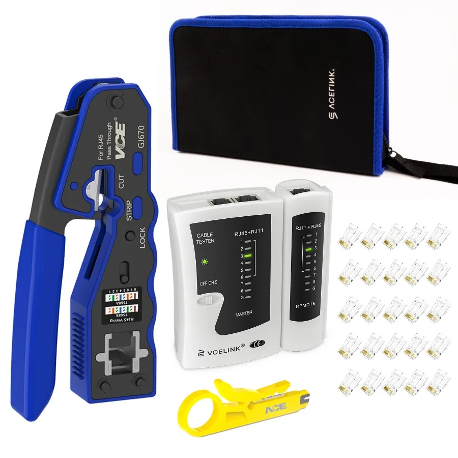VCELINLK RJ45 Crimp Tool Kit, Ethernet Crimping Tool Set with 25PCS Cat6 RJ45 Pass Through Connectors and Protection Boots, Net
VCELINLK RJ45 Crimp Tool Kit, Ethernet Crimping Tool Set with 25PCS Cat6 RJ45 Pass Through Connectors and Protection Boots, Net