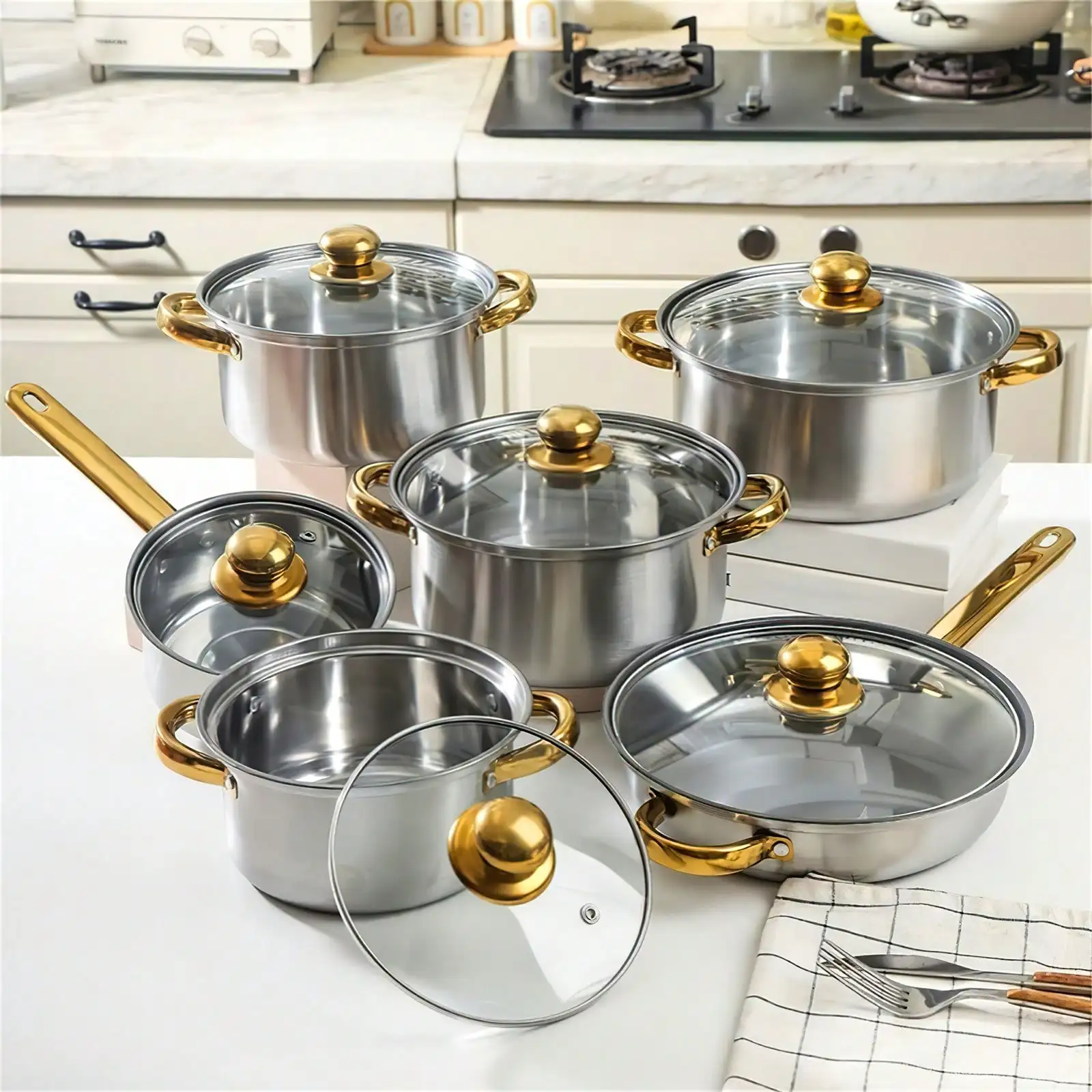 12 Piece Stainless Steel Pots And Pans Set, Professional Cookware Set With Gold Handle,Heat Resistant Easy To Frying Pan Skillet
12 Piece Stainless Steel Pots And Pans Set, Professional Cookware Set With Gold Handle,Heat Resistant Easy To Frying Pan Skillet