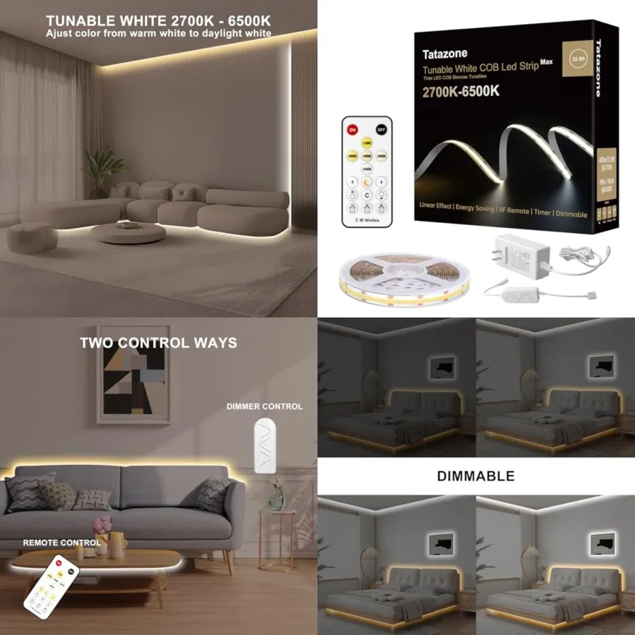 Tunable White COB Led Strip Light with RF Remote, CRI93+ Dimmable CCT 2700K-6500K COB Led Tape Lights, Adhesive High Density Du
Tunable White COB Led Strip Light with RF Remote, CRI93+ Dimmable CCT 2700K-6500K COB Led Tape Lights, Adhesive High Density Du
