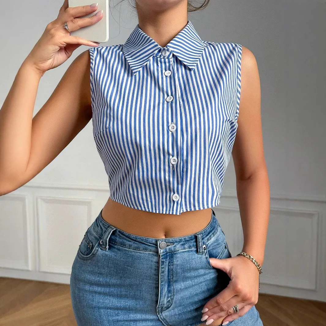 Women's Striped Shirt Short Sleeveless Lapel Hollow Strap Top Fashion Trend Street Button Blouses
Women's Striped Shirt Short Sleeveless Lapel Hollow Strap Top Fashion Trend Street Button Blouses