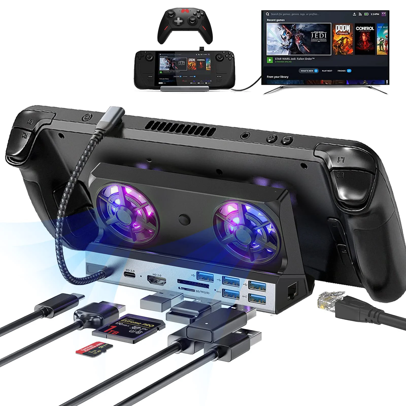 Steam Deck Dock Docking Station with Fan 10-in-1 HDMI 2.0 4k@60hz Gigabit Ethernet Full Speed Charging USB-C USB 3.0 2.0 SD TF
Steam Deck Dock Docking Station with Fan 10-in-1 HDMI 2.0 4k@60hz Gigabit Ethernet Full Speed Charging USB-C USB 3.0 2.0 SD TF