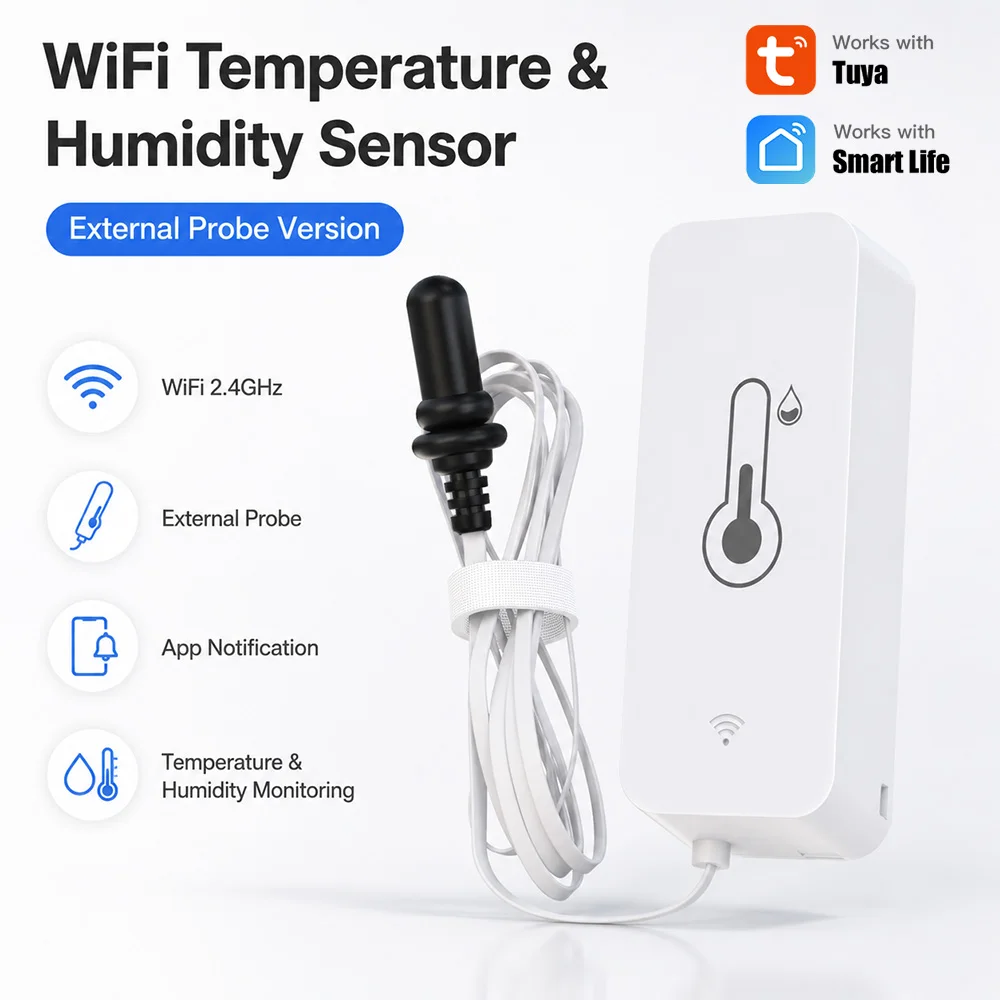 Tuya WiFi Temperature Humidity Sensor With External Probe for Smart Home Hygrometer APP Monitoring For Plants Aquarium Winery
Tuya WiFi Temperature Humidity Sensor With External Probe for Smart Home Hygrometer APP Monitoring For Plants Aquarium Winery