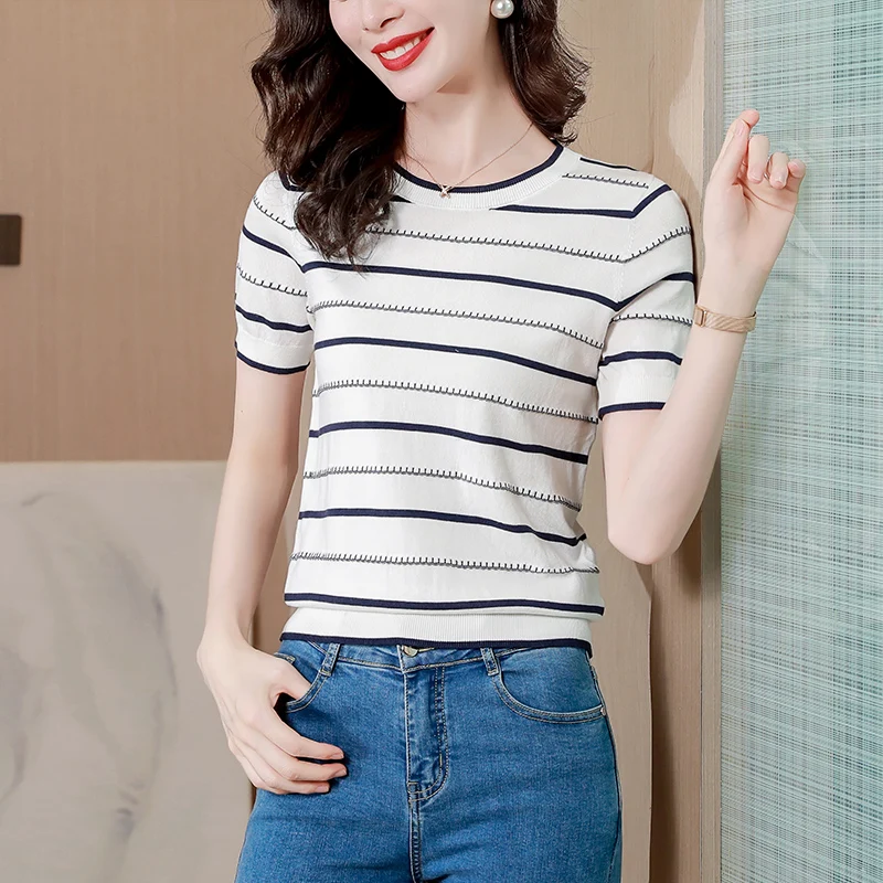 2023 Summer New Casual Zebra Stripe Knit Women's Thin Summer Loose Round Neck Short Sleeve Top
2023 Summer New Casual Zebra Stripe Knit Women's Thin Summer Loose Round Neck Short Sleeve Top