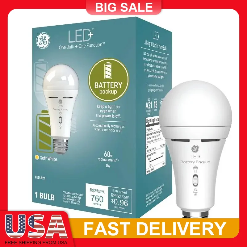 Rechargeable Emergency LED Light Bulb A21 60W 760 Lumens E26 Base Battery Backup Power Outage Light with Flashlight Camping
Rechargeable Emergency LED Light Bulb A21 60W 760 Lumens E26 Base Battery Backup Power Outage Light with Flashlight Camping