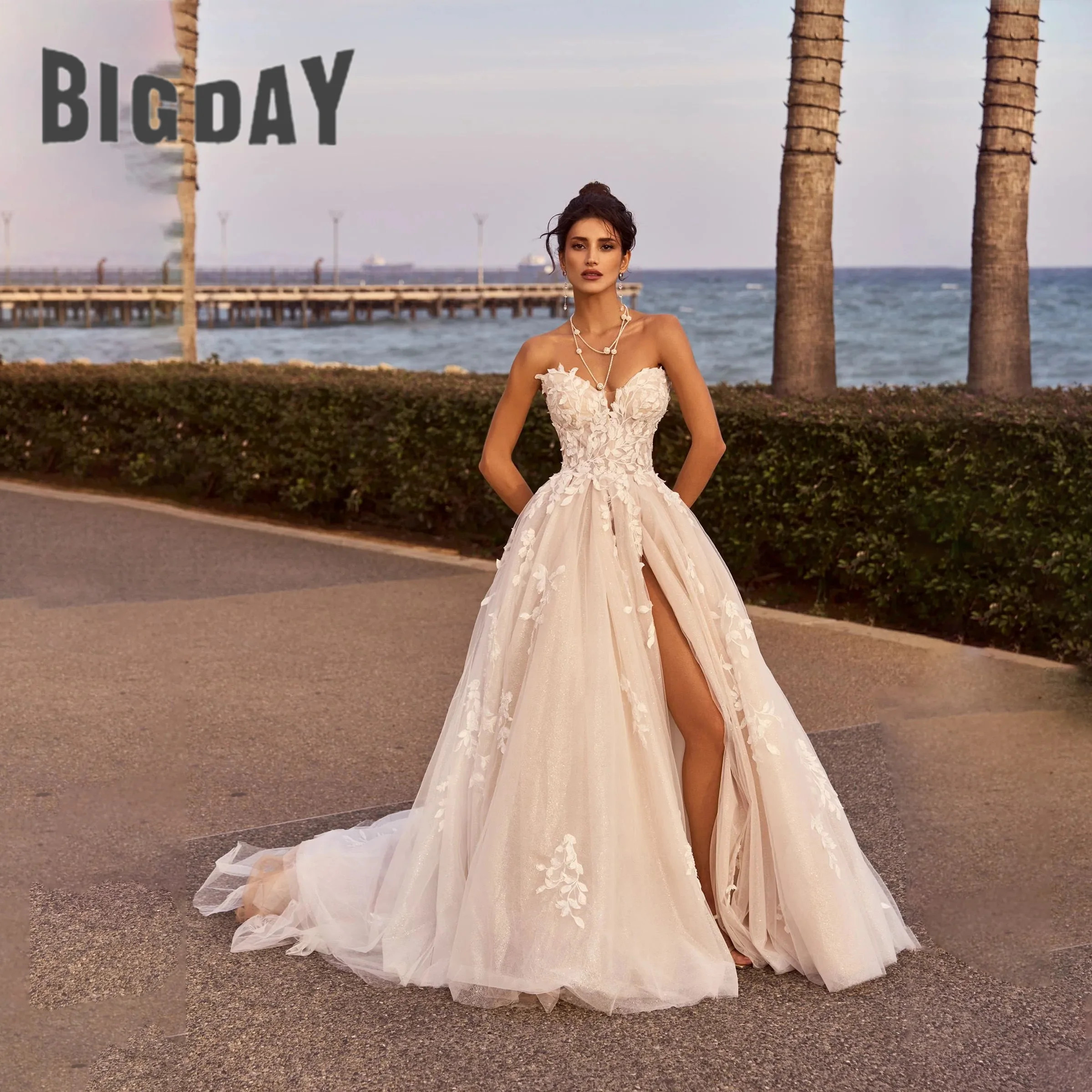 BIGDAY Elegant Sweetheart A-Line Wedding Dress Floral Appliques Tulle with High Side Slit Bridal Gown Vestidos De Noiva Customiz
BIGDAY Elegant Sweetheart A-Line Wedding Dress Floral Appliques Tulle with High Side Slit Bridal Gown Vestidos De Noiva Customiz