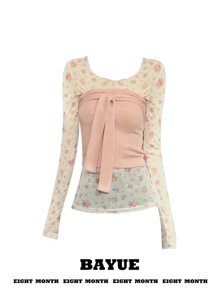 Pink Floral Lace Long Sleeve T-Shirt Women's Spring Inner Sweet Waist Cinching Strap Top True Two-Piece Set Upper Body
Pink Floral Lace Long Sleeve T-Shirt Women's Spring Inner Sweet Waist Cinching Strap Top True Two-Piece Set Upper Body
