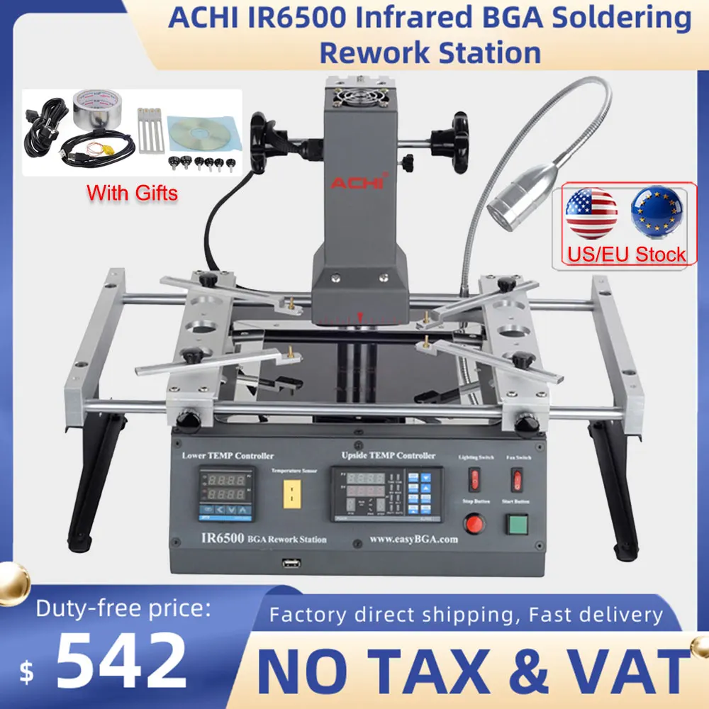 Инфракрасная паяльная станция ACHI IR6500 для BGA-пайки с щеткой-скребком и перчаткой для ремонта материнских плат, чипов и печатных плат.
Инфракрасная паяльная станция ACHI IR6500 для BGA-пайки с щеткой-скребком и перчаткой для ремонта материнских плат, чипов и печатных плат.