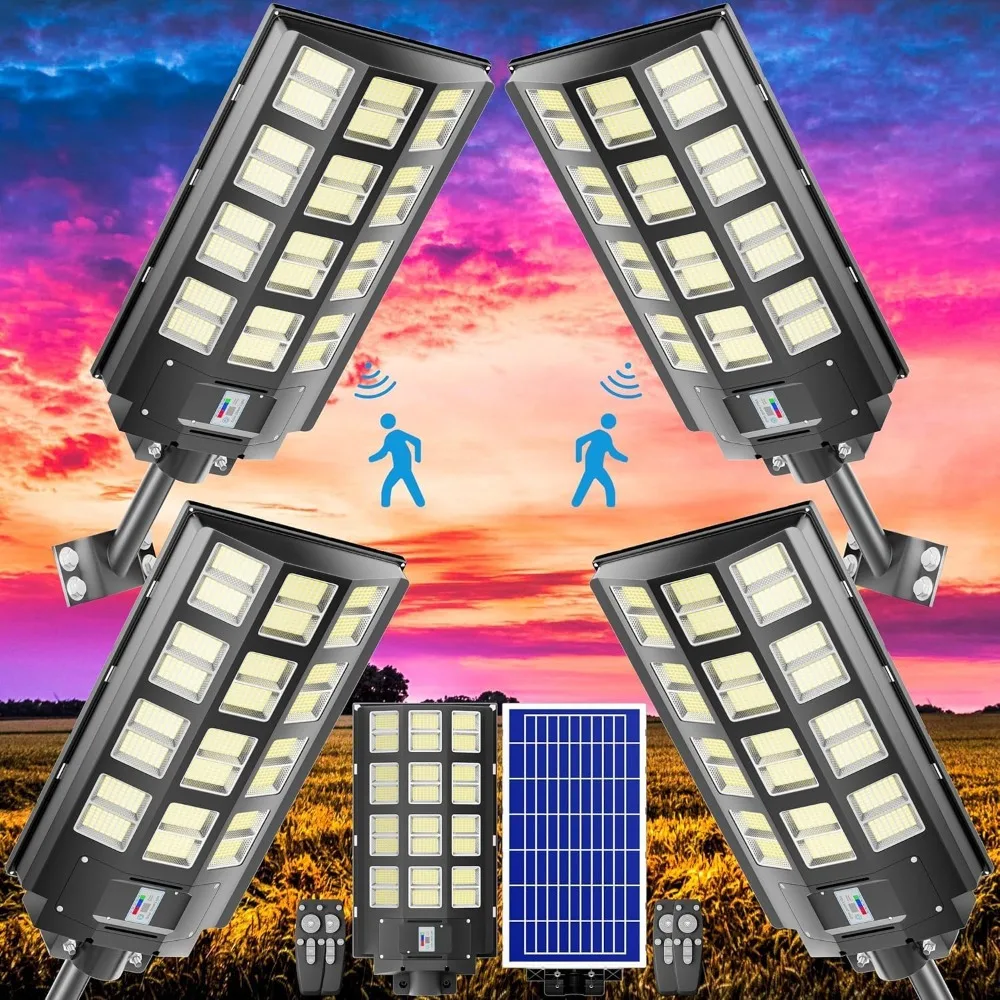 4-Pack 4800W,240000LM Solar Street Light,Wide Angle Lamp, Waterproof IP67,with Remote Control & Motion Sensor,The Ultimate Light
4-Pack 4800W,240000LM Solar Street Light,Wide Angle Lamp, Waterproof IP67,with Remote Control & Motion Sensor,The Ultimate Light