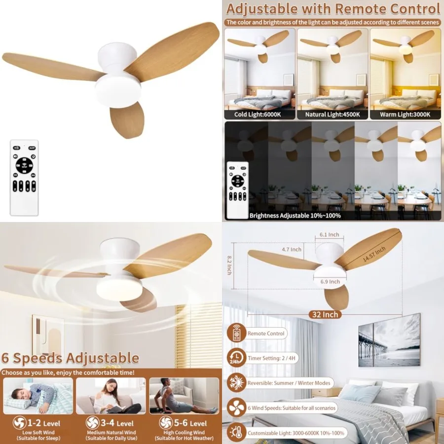 Small Ceiling Fan with Lights and Remote, 32 Inch Flush Mount, Small Quiet, DC Motor, Reversible Blades, 6 Wind Speeds, Dimmabl
Small Ceiling Fan with Lights and Remote, 32 Inch Flush Mount, Small Quiet, DC Motor, Reversible Blades, 6 Wind Speeds, Dimmabl