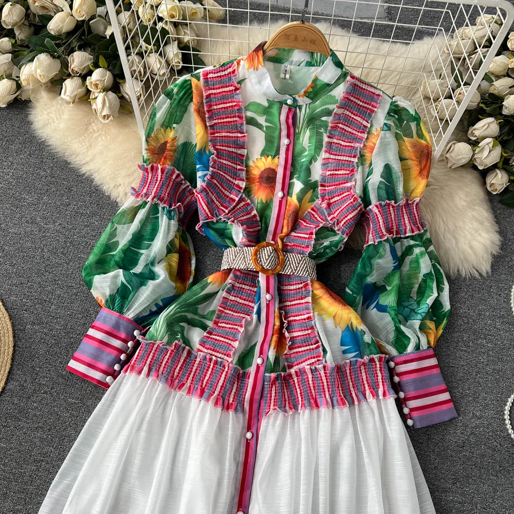 Newest Bohemian Flower Dress Women's Stand Collar Lantern Sleeve Floral Print Colorblock Striped Belt Loose Long Vestidos
Newest Bohemian Flower Dress Women's Stand Collar Lantern Sleeve Floral Print Colorblock Striped Belt Loose Long Vestidos
