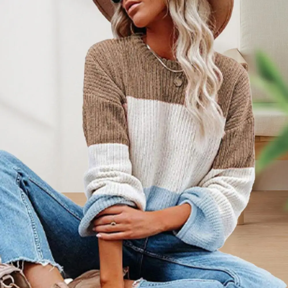 Women Sweater Color Contrast Soft Simple Knitted Sweater Ladies Round Neck Color Stitching Knitted Top Knitwear
Women Sweater Color Contrast Soft Simple Knitted Sweater Ladies Round Neck Color Stitching Knitted Top Knitwear
