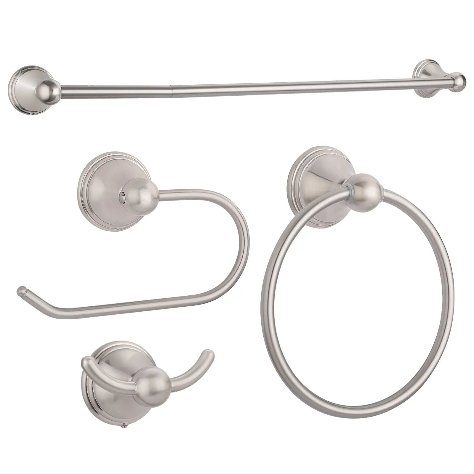 Brushed Nickel Bathroom Accessories Set: 18/24 Inch Towel Bar, Ring, Holder And Robe Hook – 4 Piece Collection
Brushed Nickel Bathroom Accessories Set: 18/24 Inch Towel Bar, Ring, Holder And Robe Hook – 4 Piece Collection