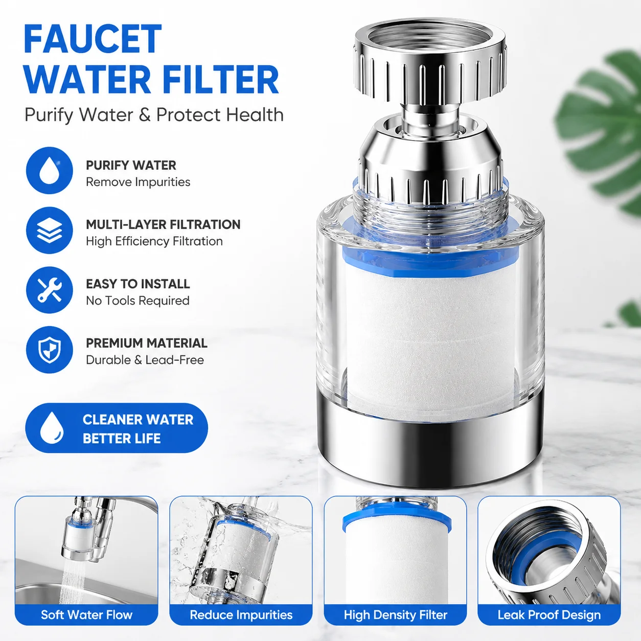 Universal Splash-Proof Faucet Filter – Removes Rust and Deposits, Retains Minerals, Easy to Install, Healthy Washing Water
Universal Splash-Proof Faucet Filter – Removes Rust and Deposits, Retains Minerals, Easy to Install, Healthy Washing Water