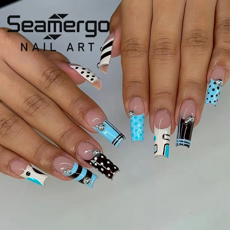 24PCS Y2k Blue French False Nails White Polka Dots Plaid Stripes Long Square Press on Nails Sweet Cool Spice Girls Nail Wearable
24PCS Y2k Blue French False Nails White Polka Dots Plaid Stripes Long Square Press on Nails Sweet Cool Spice Girls Nail Wearable