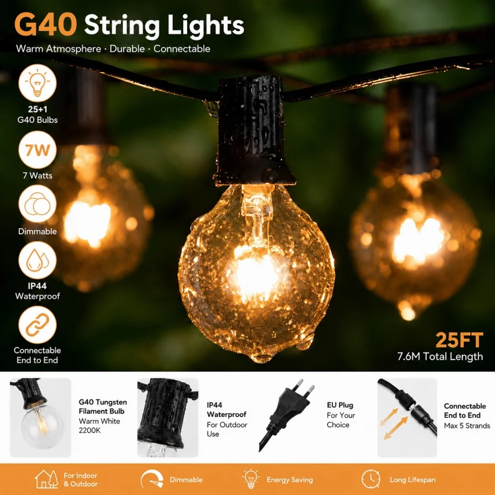 GANRILAND G40 LED String Lights 25FT Amber Glass Bulbs 2200K Dimmable Connectable EU Plug Vintage Fairy Lights for Wedding Party
GANRILAND G40 LED String Lights 25FT Amber Glass Bulbs 2200K Dimmable Connectable EU Plug Vintage Fairy Lights for Wedding Party