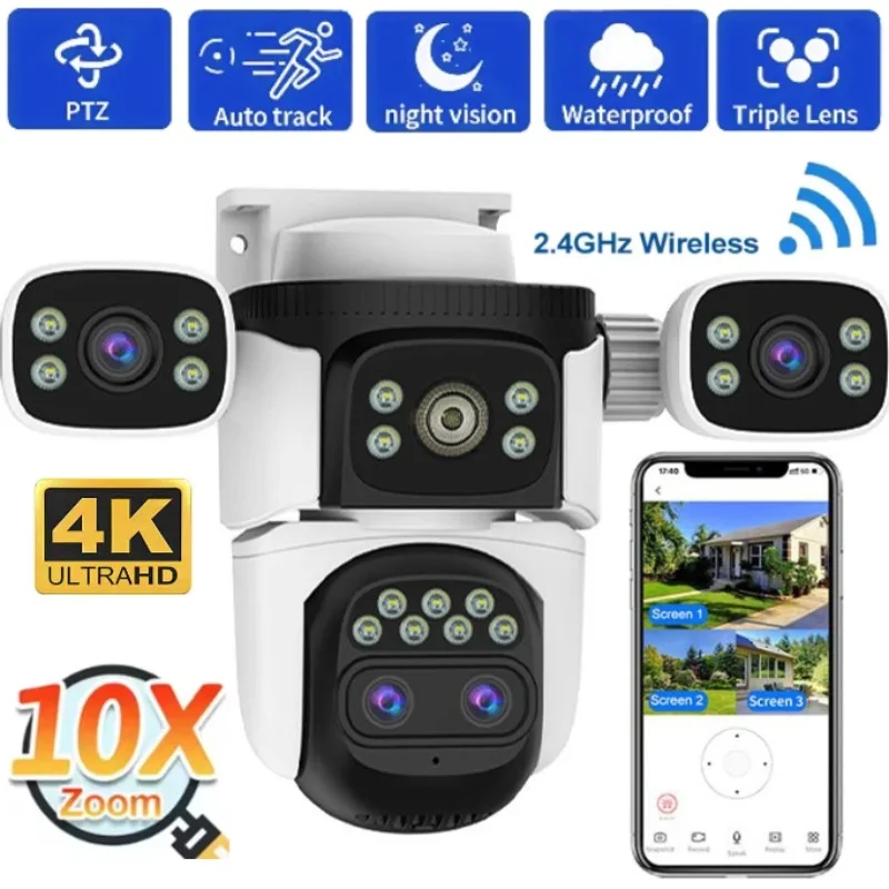 4k 10X Zoom Wifi Security Cameras 4 Lens 3-Screens Outdoor Waterproof Webcam Night Vision PTZ Auto-Tracking CCTV IP Camera 360
4k 10X Zoom Wifi Security Cameras 4 Lens 3-Screens Outdoor Waterproof Webcam Night Vision PTZ Auto-Tracking CCTV IP Camera 360