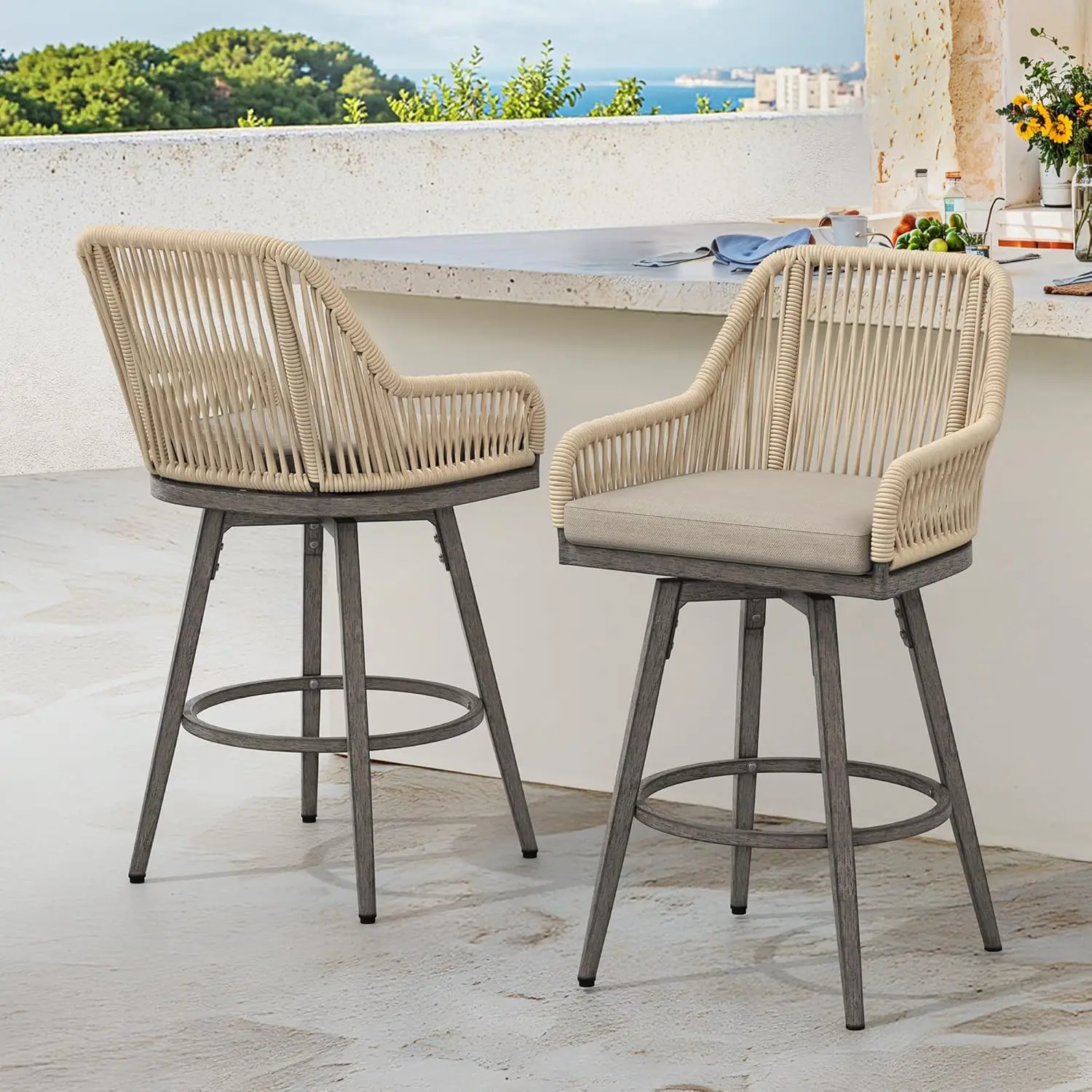 Swivel Wicker Bar Stools 2pcs Aluminum Counter Height Armrest Olefin Rope Backrest Removable Cushion Patio Garden Customized
Swivel Wicker Bar Stools 2pcs Aluminum Counter Height Armrest Olefin Rope Backrest Removable Cushion Patio Garden Customized