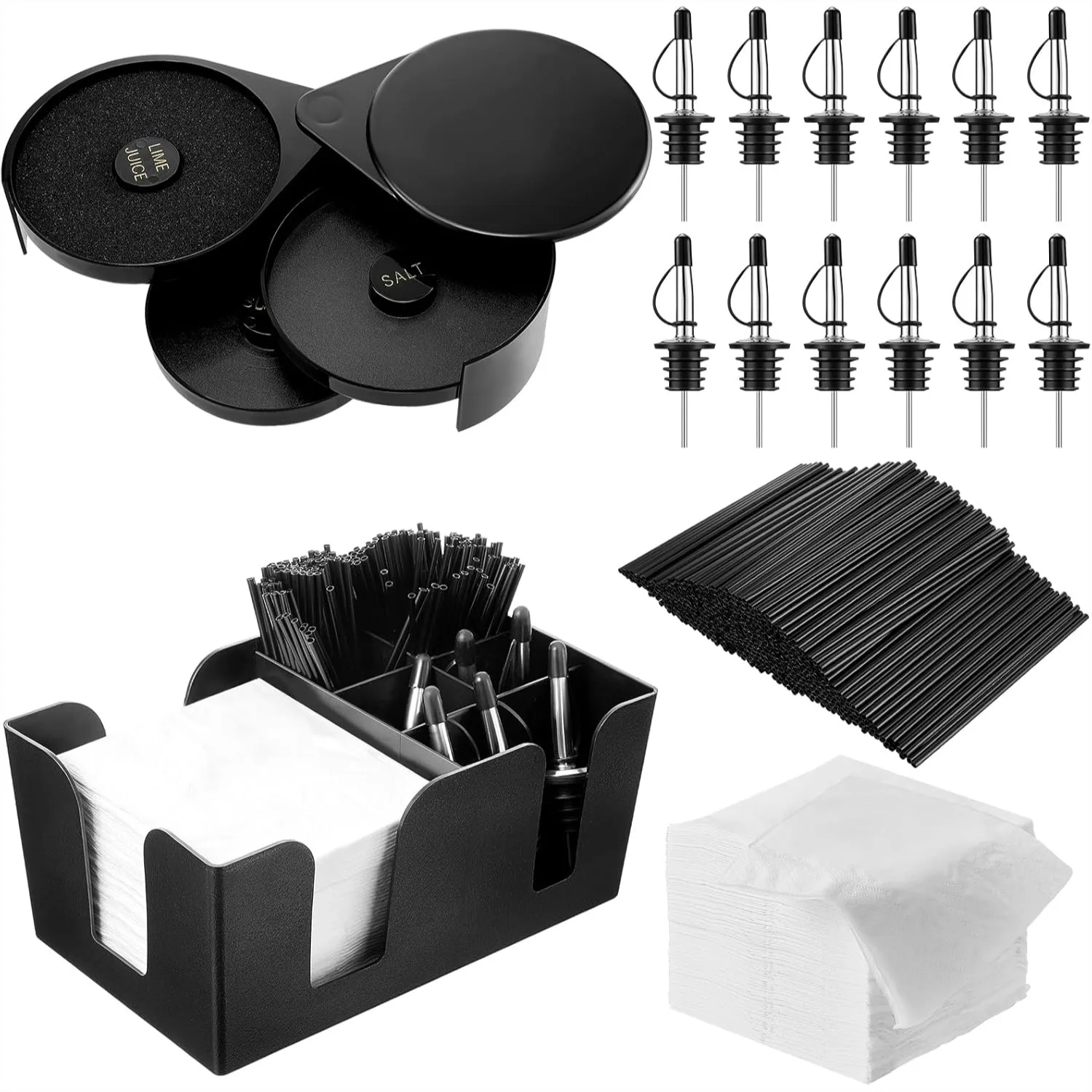 3-Tier Bar Glass Rimmer with Stainless Steel Pourers, Bar Caddy, Stirrers & Napkins for Professional Bartending
3-Tier Bar Glass Rimmer with Stainless Steel Pourers, Bar Caddy, Stirrers & Napkins for Professional Bartending