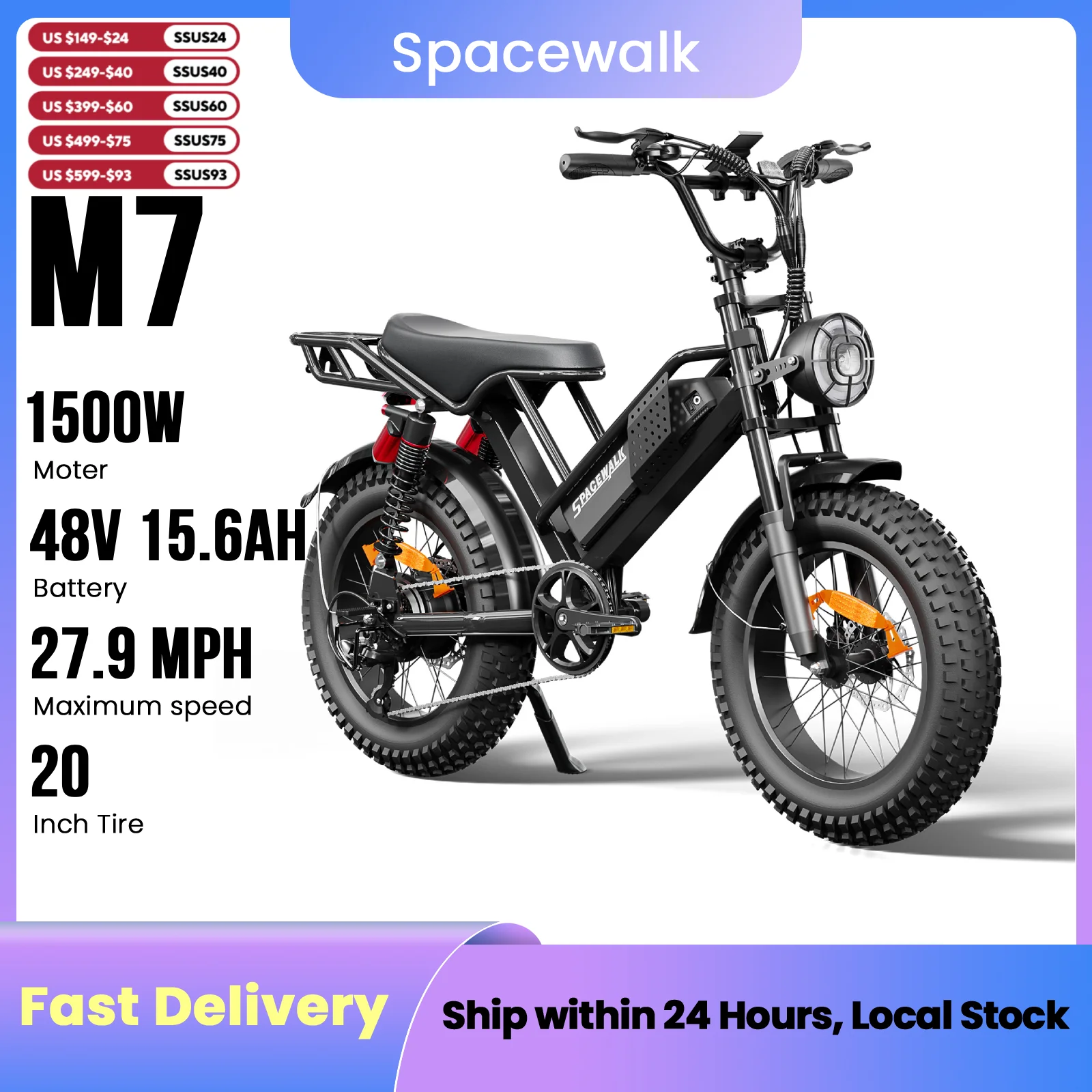 Spacewalk 1500W M7 Electric Bike for Adults,27.9MPH 70Miles,48V 15.6Ah Electric Dirt Bike,20" Fat Tire,7-Speed All Terrain EBike
Spacewalk 1500W M7 Electric Bike for Adults,27.9MPH 70Miles,48V 15.6Ah Electric Dirt Bike,20" Fat Tire,7-Speed All Terrain EBike