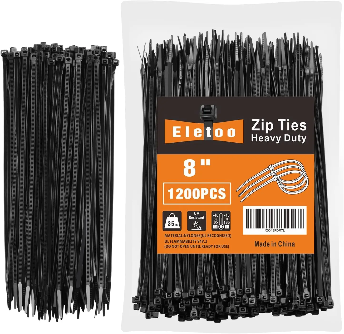 8 Inch Black Zip Ties 1200 Pack, 35 LBS Tensile Strength, Nylon Cable Ties for Indoor and Outdoor Use
8 Inch Black Zip Ties 1200 Pack, 35 LBS Tensile Strength, Nylon Cable Ties for Indoor and Outdoor Use