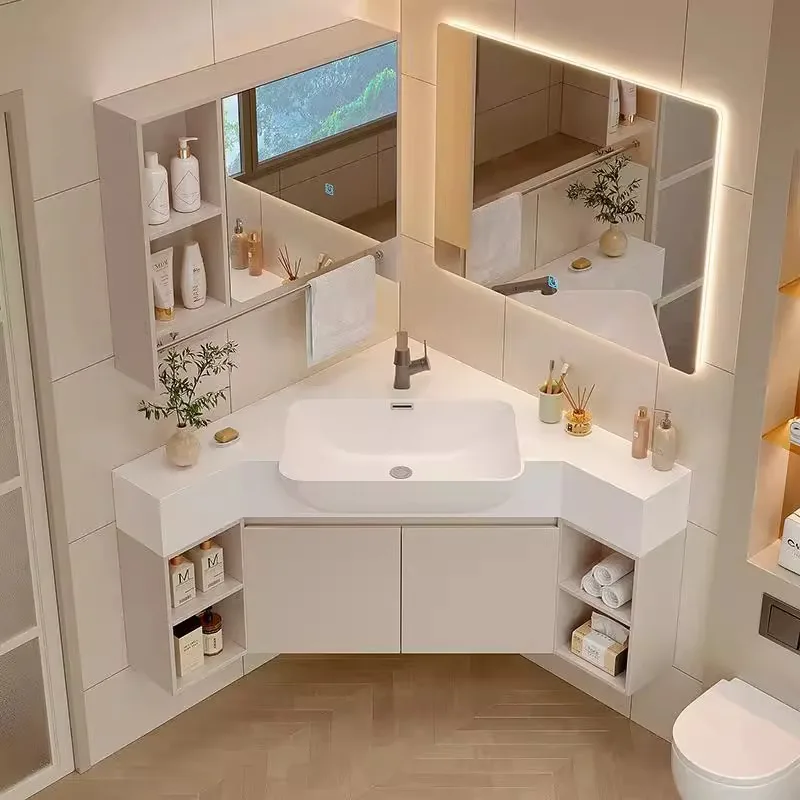 Corner Bathroom Vanity with Smart LED Mirror, Ceramic Integrated Sink Wall-Mounted Triangle Washbasin Cabinet for Small Bathroom
Corner Bathroom Vanity with Smart LED Mirror, Ceramic Integrated Sink Wall-Mounted Triangle Washbasin Cabinet for Small Bathroom