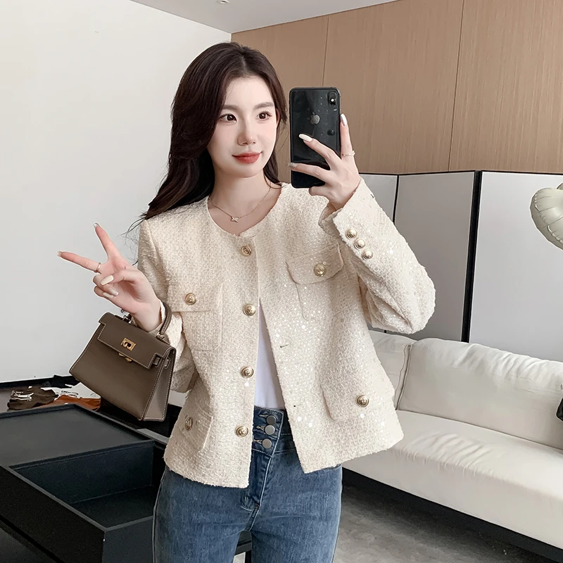 High QualityNewest Women Winter Autumn Tweed Wool Sequins Small Fragrance O Neck Single Breasted Long Sleeve Jacket Outwear Coat
High QualityNewest Women Winter Autumn Tweed Wool Sequins Small Fragrance O Neck Single Breasted Long Sleeve Jacket Outwear Coat