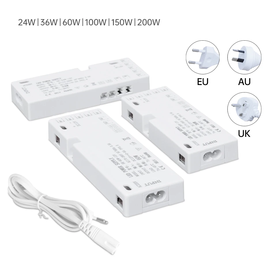 24W-200W LED Cabinet Light Transformer AC220V to DC12V/24V with DuPont Port for Pantry/Closet/Shelf Light Strip EU/AU/UK plug
24W-200W LED Cabinet Light Transformer AC220V to DC12V/24V with DuPont Port for Pantry/Closet/Shelf Light Strip EU/AU/UK plug