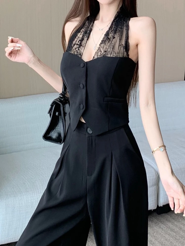 Black high-end temperament set women's summer fashion lace neck hanging vest top high waist wide leg pants two-piece set
Black high-end temperament set women's summer fashion lace neck hanging vest top high waist wide leg pants two-piece set
