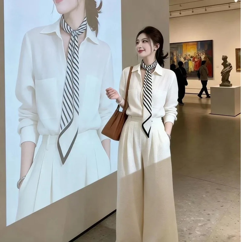 Summer 2026 Women's Cotton Linen Loose Fit Shirt Wide Leg Pants Silk Scarf Three Piece Set High Waist Turn down Collar Blouse
Summer 2026 Women's Cotton Linen Loose Fit Shirt Wide Leg Pants Silk Scarf Three Piece Set High Waist Turn down Collar Blouse