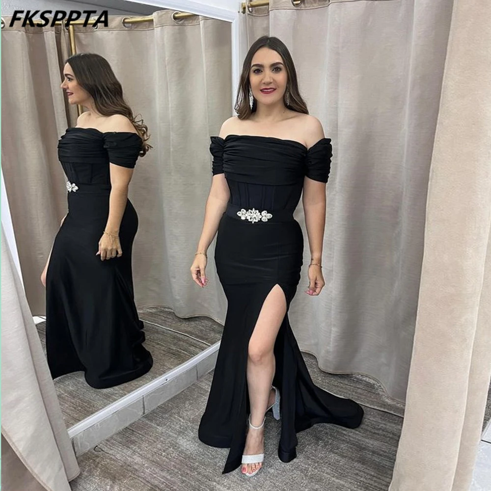 Customized Black Mermaid Long Formal Evening Dress Off The Shoulder Short Sleeves Pleated Satin Women Gowns For Birthday Party
Customized Black Mermaid Long Formal Evening Dress Off The Shoulder Short Sleeves Pleated Satin Women Gowns For Birthday Party