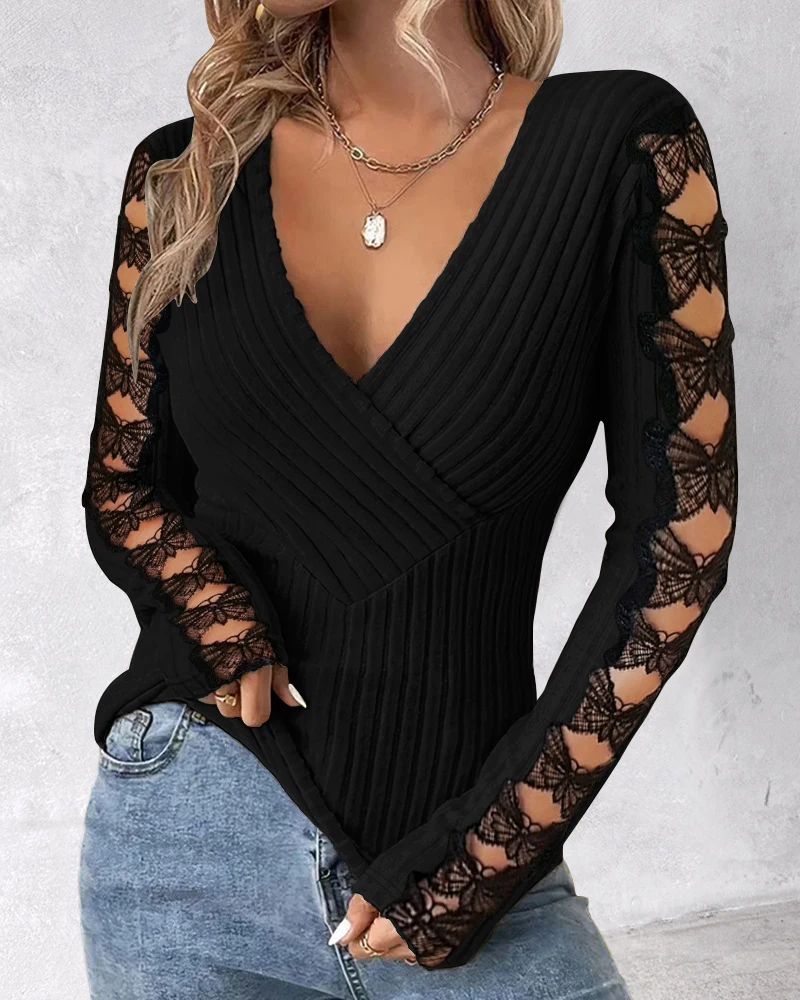 Spring Women's Elegant Butterfly Pattern Hollow Lace Splicing Cross Deep V-Neckline Solid Color T-Shirt Long Sleeve Top
Spring Women's Elegant Butterfly Pattern Hollow Lace Splicing Cross Deep V-Neckline Solid Color T-Shirt Long Sleeve Top