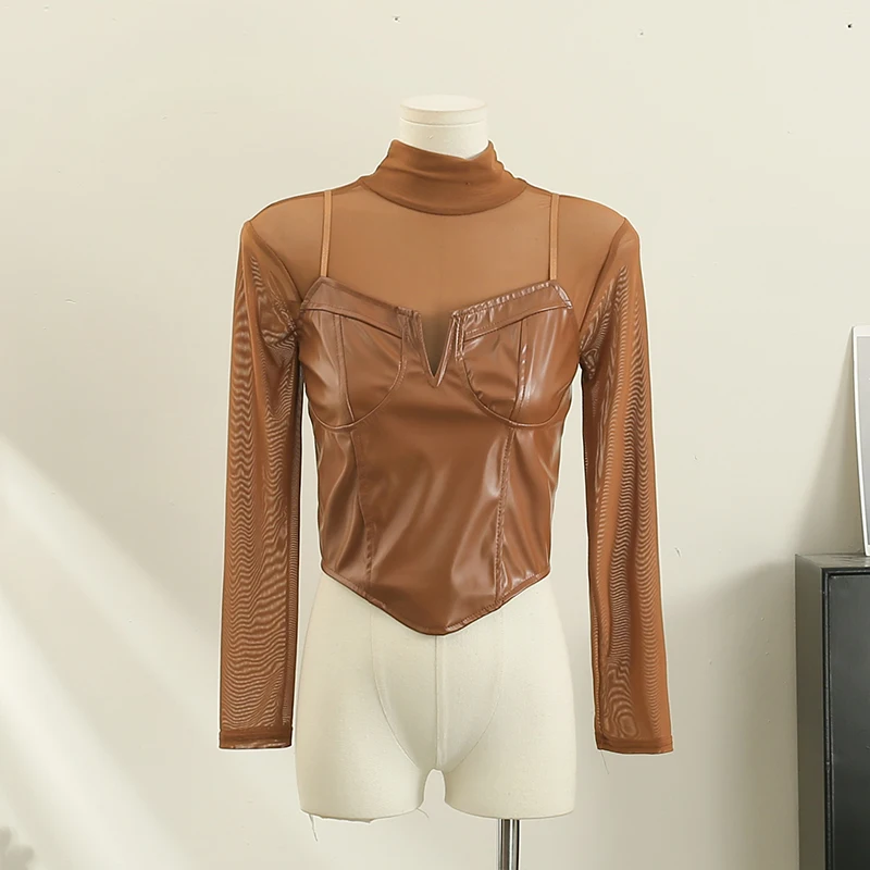Women Chic Mesh Patchwork PU Long Sleeve Crop Top Slim Sexy Korean T-shirt Fashion Autumn Women Shirt
Women Chic Mesh Patchwork PU Long Sleeve Crop Top Slim Sexy Korean T-shirt Fashion Autumn Women Shirt