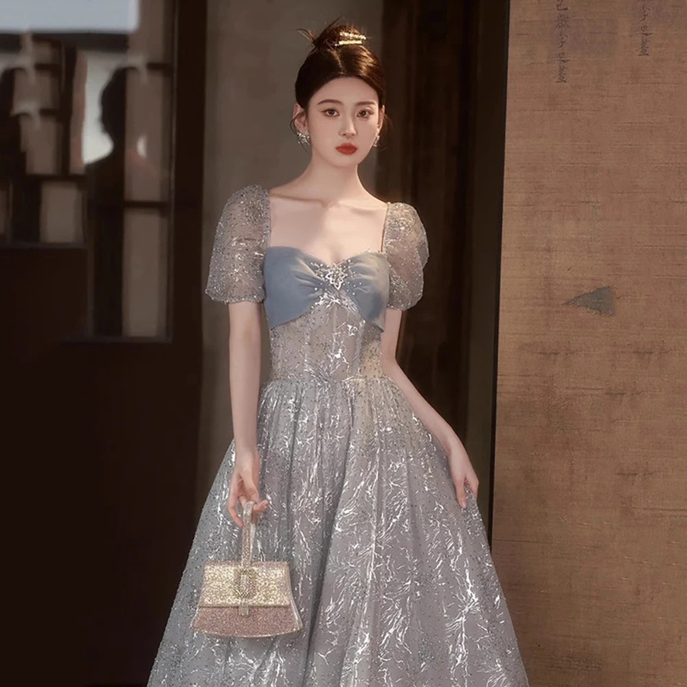 Women Banquet Evening Dress Luxury Silver Sequin Square Collar Grey Blue Tulle Long Dress Elegant Lady Party Quinceanera Dress
Women Banquet Evening Dress Luxury Silver Sequin Square Collar Grey Blue Tulle Long Dress Elegant Lady Party Quinceanera Dress