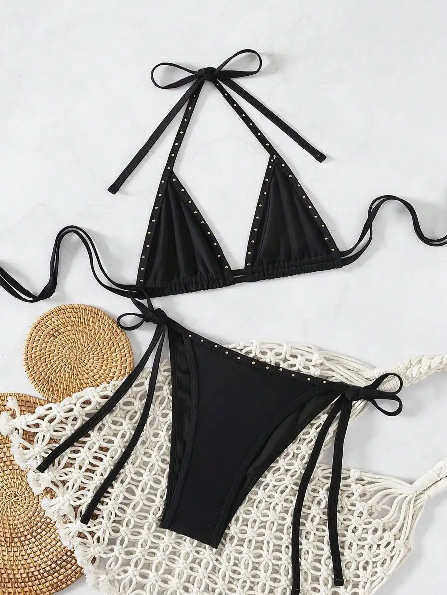 Black Halter Tie Bikini Set Women Wireless Triangle Top Side Tie Bottom Swimsuit For Beach Vacation
Black Halter Tie Bikini Set Women Wireless Triangle Top Side Tie Bottom Swimsuit For Beach Vacation