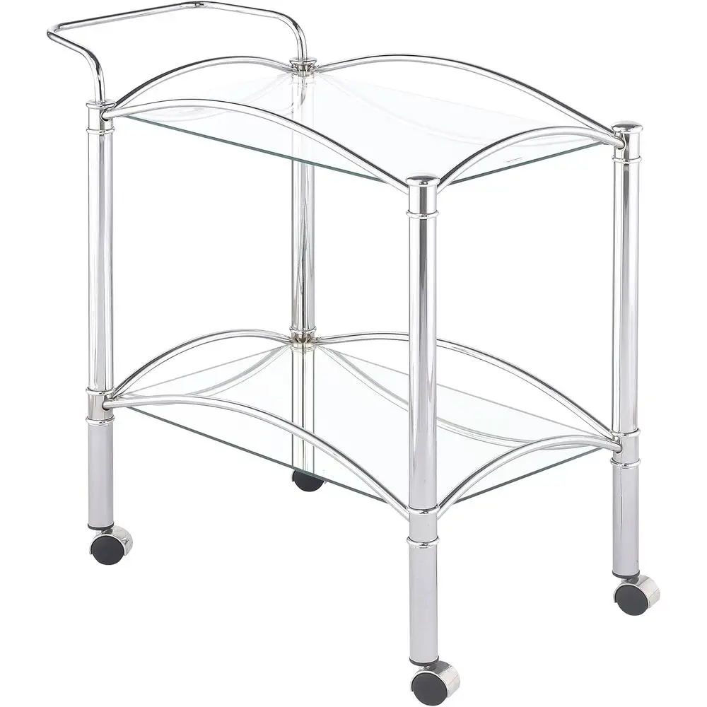 2-Tier Metal Bar Cart with Tempered Glass and Mirrored Shelves - Contemporary Dining Room Chrome
2-Tier Metal Bar Cart with Tempered Glass and Mirrored Shelves - Contemporary Dining Room Chrome