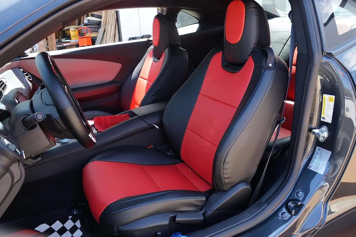 Car Interior Use, Artificial Leather Material, Black Red Color, Custom Fit Front Seat Covers
Car Interior Use, Artificial Leather Material, Black Red Color, Custom Fit Front Seat Covers