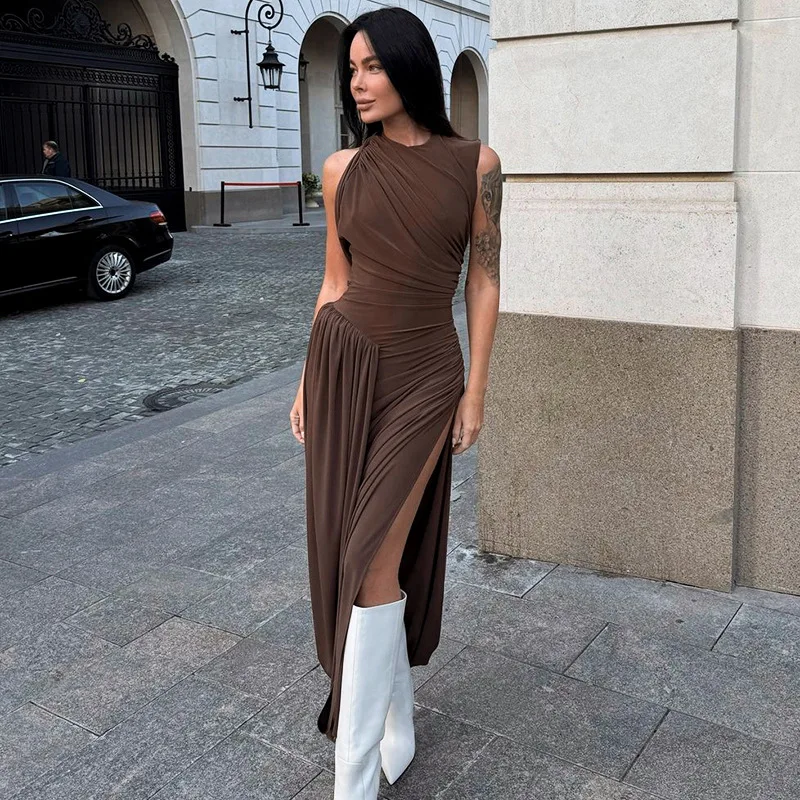 Sexy Fashion Commuter Trend Women's Clothing Solid Color Round Neck Sleeveless Waist Pleated Backless Elegant Long Dress
Sexy Fashion Commuter Trend Women's Clothing Solid Color Round Neck Sleeveless Waist Pleated Backless Elegant Long Dress