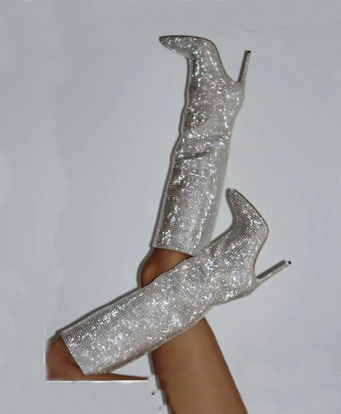Silver Knee High Full Rhinestone Chunky High Heel Boots Women Pointed Toe Zip Boots Leather Shoes Zapatillas Mujer Thin Heel
Silver Knee High Full Rhinestone Chunky High Heel Boots Women Pointed Toe Zip Boots Leather Shoes Zapatillas Mujer Thin Heel