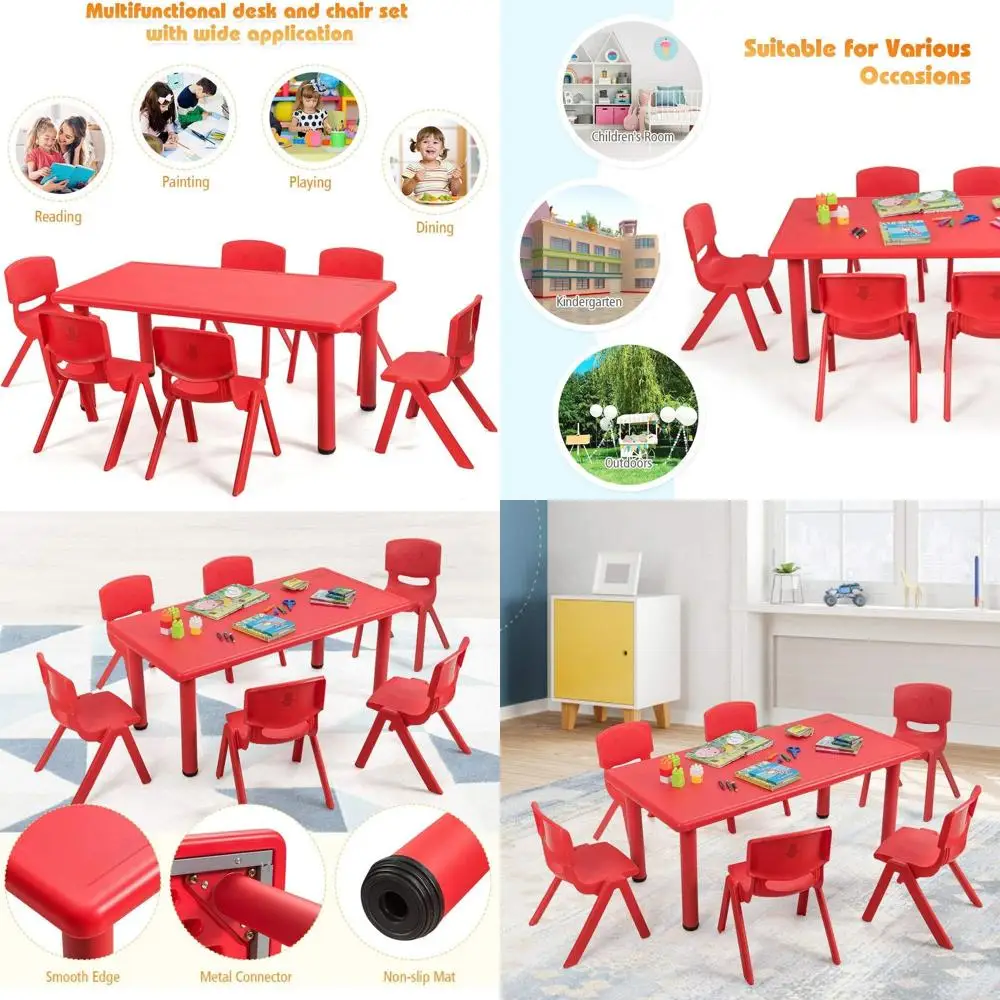 6-Piece Kids Stackable Chair Set with 47x23.5 Rectangular Plastic Activity Table for Reading, Snacking, and Playtime (Red)