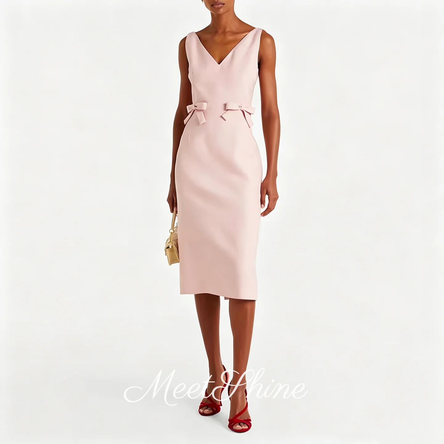 Modern Baby Pink V-Neck Back Slit Satin Evening Dresses Elegant Sleeveless with Bow Backless Knee Length Prom Dresses Customized
Modern Baby Pink V-Neck Back Slit Satin Evening Dresses Elegant Sleeveless with Bow Backless Knee Length Prom Dresses Customized