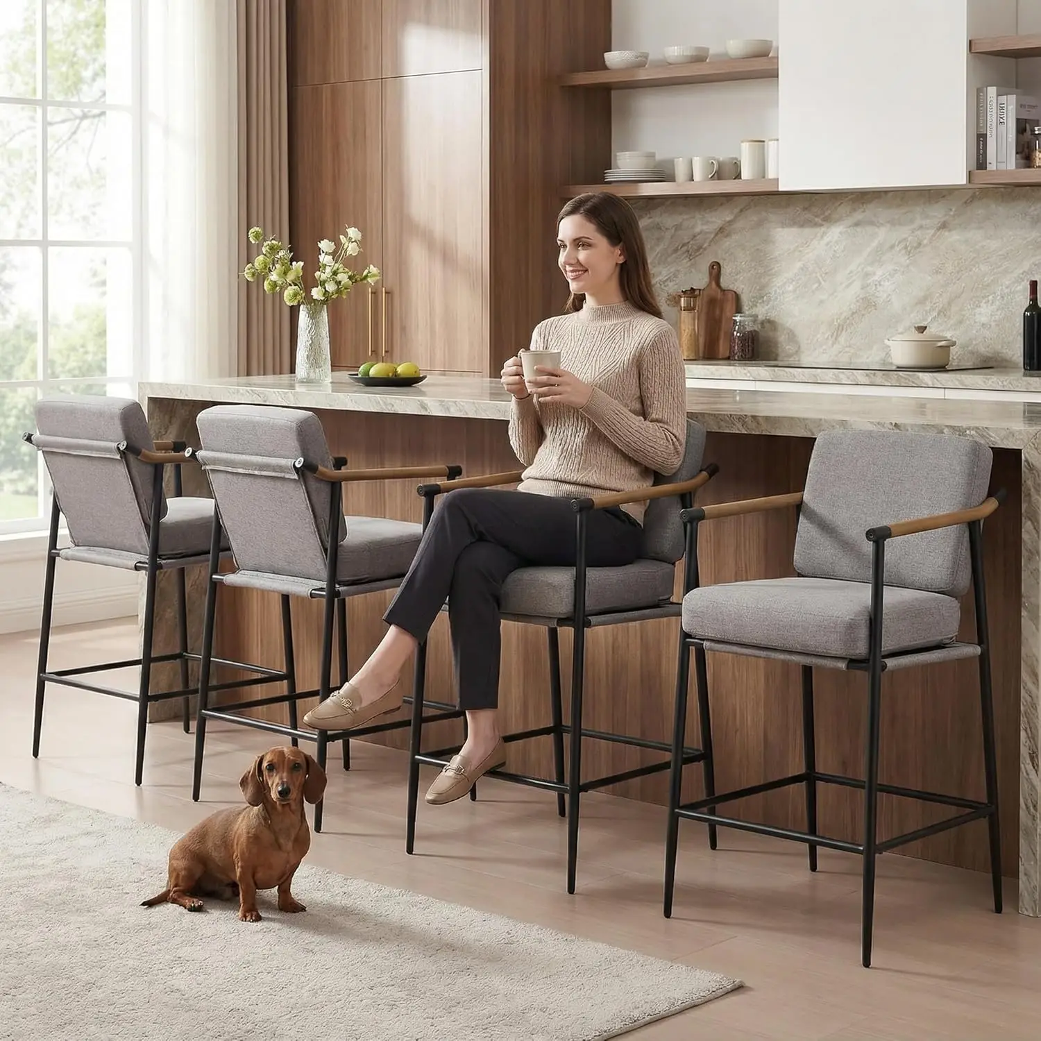 Mid Century Modern Counter Height Bar Stools Set Of 4, Upholstered 26" Seat Height Linen Barstools With Wood, Customized
Mid Century Modern Counter Height Bar Stools Set Of 4, Upholstered 26" Seat Height Linen Barstools With Wood, Customized