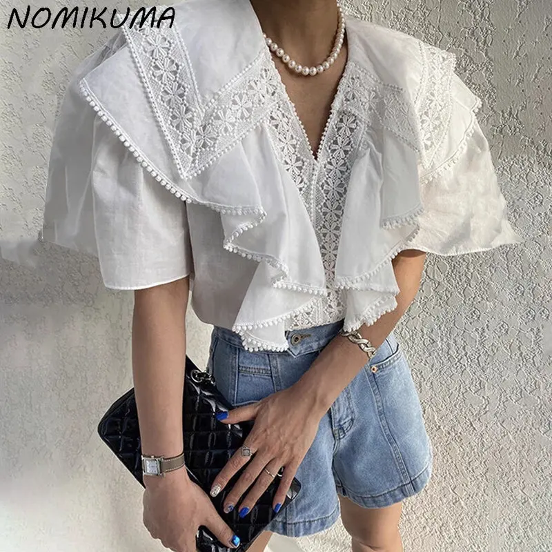 Nomikuma Chic Lace Patchwork Ruffle V-neck Women Shirt Korean Butterfly Sleeve Pullover Tops Elegant 2023 Summer Blusas De Mujer
Nomikuma Chic Lace Patchwork Ruffle V-neck Women Shirt Korean Butterfly Sleeve Pullover Tops Elegant 2023 Summer Blusas De Mujer
