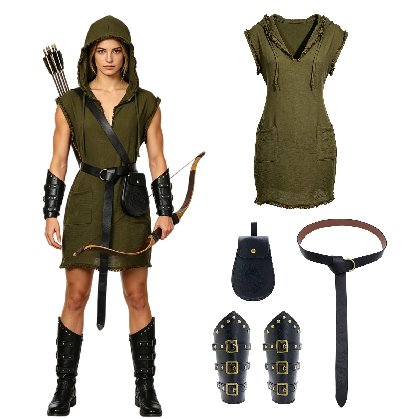 Women Medieval Assassin Costume Viking Sleeveless Hooded Tunic Dress with Accessories Set Renaissance Elf Dress for Holloween
Women Medieval Assassin Costume Viking Sleeveless Hooded Tunic Dress with Accessories Set Renaissance Elf Dress for Holloween