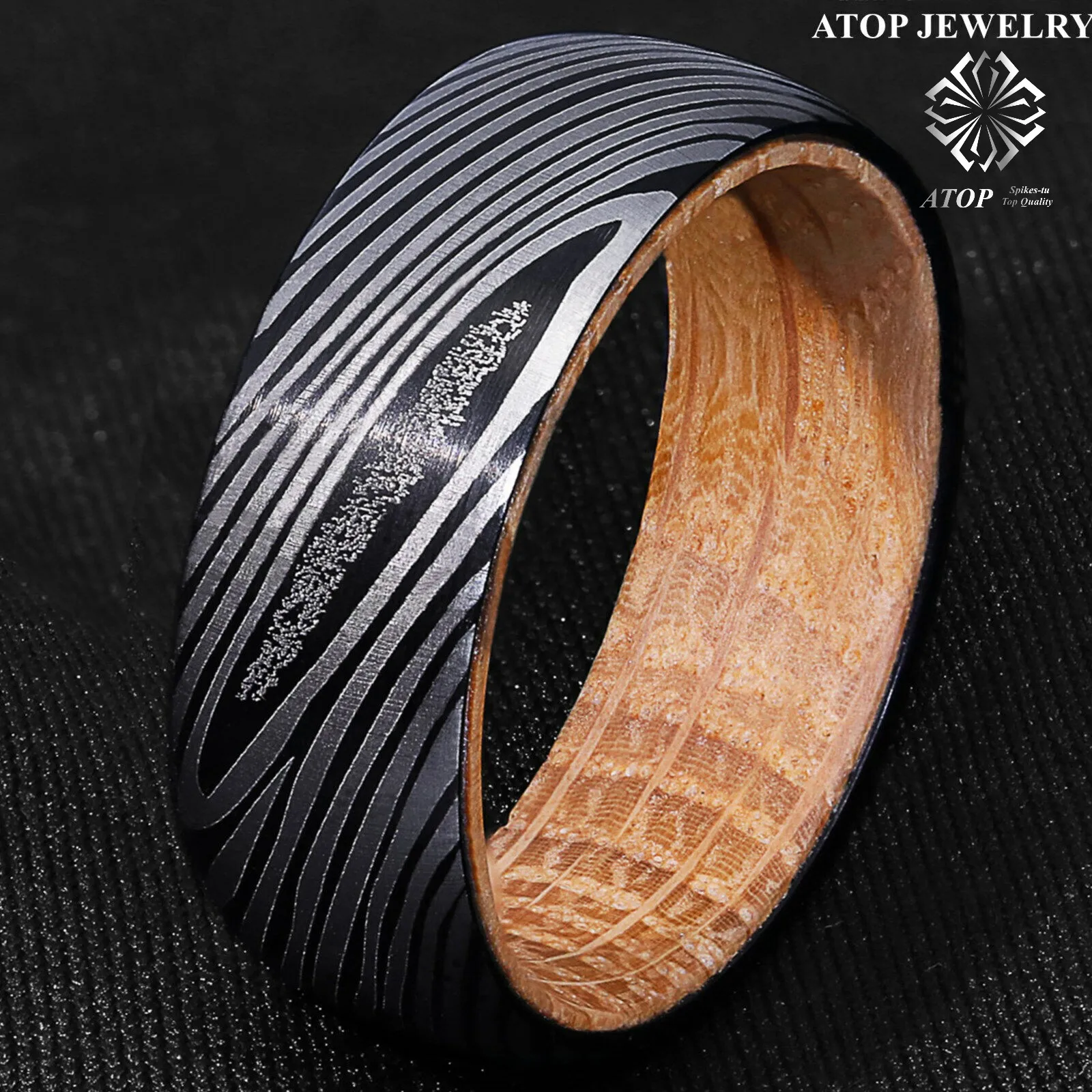 8mm Men's Black Damascus Steel with Whiskey Barrel Wood Sleeve Wedding Band Ring
8mm Men's Black Damascus Steel with Whiskey Barrel Wood Sleeve Wedding Band Ring