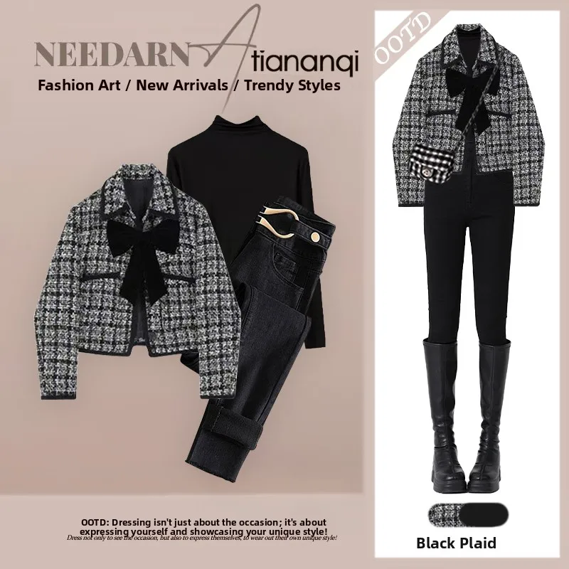 Autumnal Plaid Open Cardigan Women's Base Layer irt High Waist Denim Tee-Piece Set Sli Design Sensation Small Fraance
Autumnal Plaid Open Cardigan Women's Base Layer irt High Waist Denim Tee-Piece Set Sli Design Sensation Small Fraance